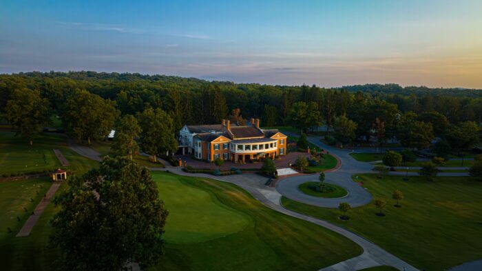 Resort building at sunset
