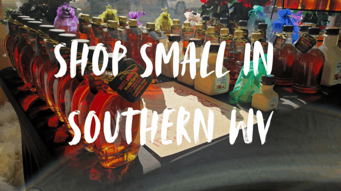 Locally made West Virginia maple syrup and handmade goods displayed at a small business market in Southern West Virginia