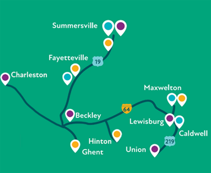 Map of West Virginia cities including Charleston, Beckley, Lewisburg, and Caldwell, connected by routes 19, 64, and 219.
