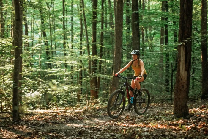 Mountain biker riding through the forest on Arrowhead Trails, West Virginia
