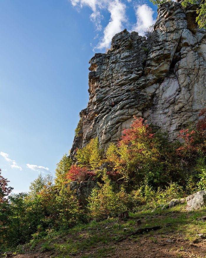 Tall limestone cliff face with colorful autumn foliage in red and yellow at its base under a blue sky.
