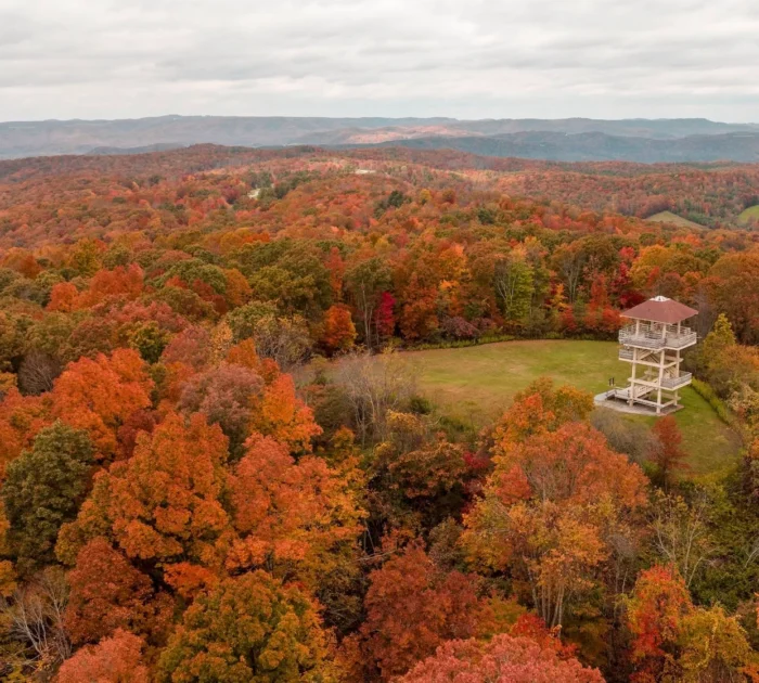Aerial view of a wooden observation tower surrounded by vibrant autumn foliage in red, orange, and green hues.